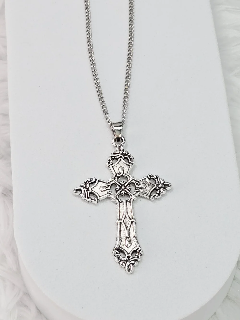 Silver Gothic Filigree Cross Necklace Stainless Steel Pendant Y2K Punk Men's 24